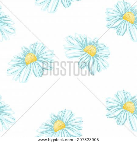 Daisy Or Chamomile Tea Herb Flower Seamless Pattern. Herbal Therapy Wallpaper. Botany Plant, Matrica