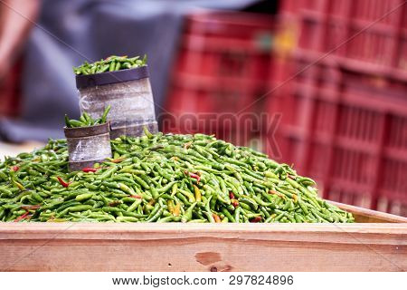Small Peppers Green And Red, Reunion Island, Local Market Of Saint-pierre