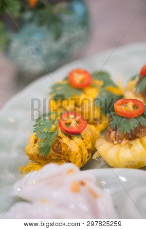 Rhoom Or Latiang (minced Pork And Shrimp Wrapped In Egg-net) Thai Traditional Dessert