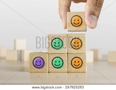 Positive Attitude, Customer Satisfaction, Emotional Management Or Happiness Concept. Wooden Blocks W