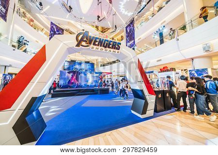 Bangkok, Thailand - Apr 25, 2019: Crowded People Attending Avengers Endgame Exhibition Booth In Shop