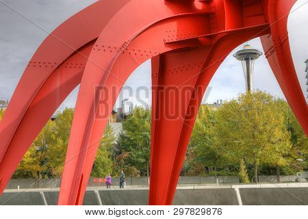 Seattle, Washington/united States- October 5, 2018: The Space Needle From Olympic Sculpture Park On 