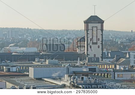 Frankfurt Am Main, Germany - January 18, 2019 Panoramic Aerial View Of The Langer Franz Tower From T