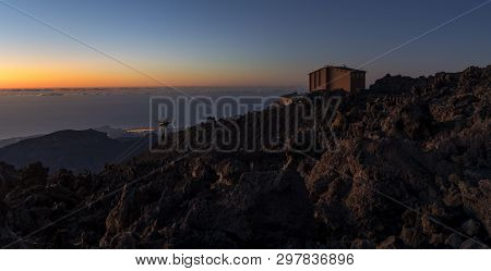 The Cable Car Station On The Peak Of The Teide Mountain On Tenerife, Spain During Sunrise.