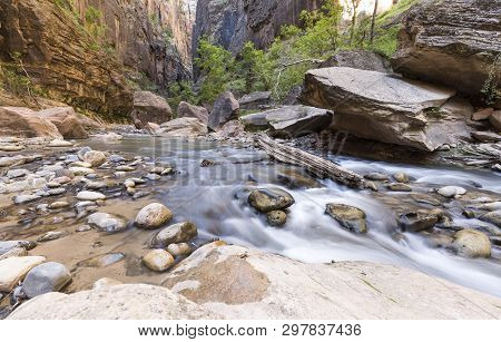 A Hiking Trail, Called The Narrows. A Long Exposure Of The Virgin River In The Zion National Park, U