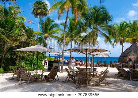 XCARET,MEXICO - APRIL 16,2019 : The beach area at XCaret Park on the Mayan Riviera on a beautiful sunny day