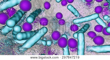 Biofilm Of Antibiotic Resistant Bacteria. Rod-shaped And Spherical Bacteria. Escherichia Coli, Pseud
