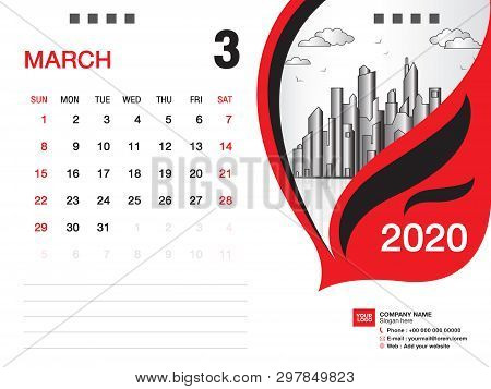 Desk Calendar 2020 Template Vector, March 2020 Month, Business Layout, 8x6 Inch, Week Starts Sunday,