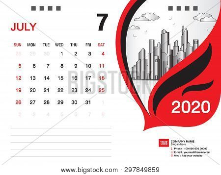 Desk Calendar 2020 Template Vector, July 2020 Month, Business Layout, 8x6 Inch, Week Starts Sunday, 