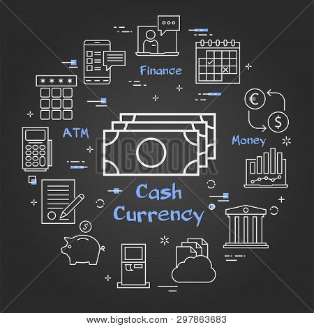 Vector Black Linear Concept Of Finance, Banking And Accounting. White Icon Of Cash Banknotes Currenc
