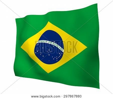 Waving Flag Of Brazil. Ordem E Progresso. Order And Progress. Rio De Janeiro. South America. State S