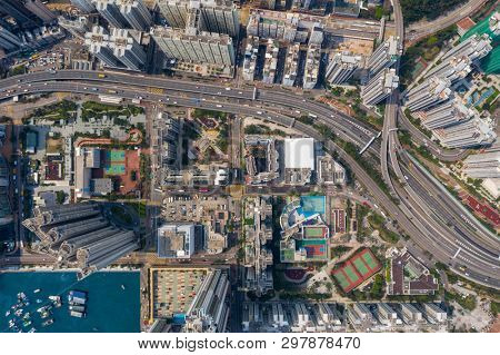 Shau Kei Wan, Hong Kong, 19 March 2019: Top view of Hong Kong city