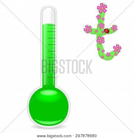 Thermometer And Liana With Flowers Letter T On A White Background. Vector Illustration.