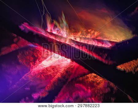 Close The Fire Flame Of Marching Fire, Super Slow Motion Of Burning Wood. Bright Bonfire With Beauti