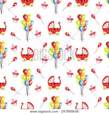 Watercolor Seamless Pattern Of Kid Toys: Stroller, Balloons, Pacifier