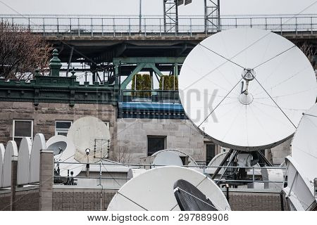 Various Satellite Dishes And Emitters In The Technical Hub Of A Media Television And Radio Broadcast