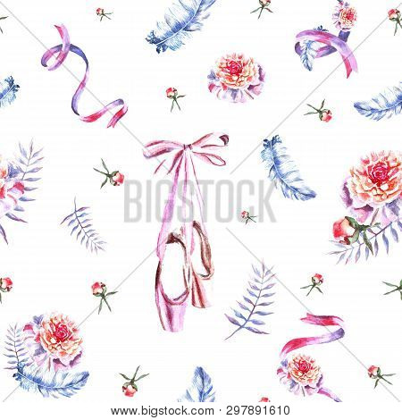 Set Of Hand Painted Watercolor Swans, Peonies, Twig, Ribbon, Feathers. Female Tender Set Perfect For