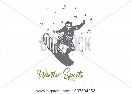Snowboard, Winter, Sport, Speed, Extreme Concept. Hand Drawn Man On Snowboard, Winter Sport Concept 