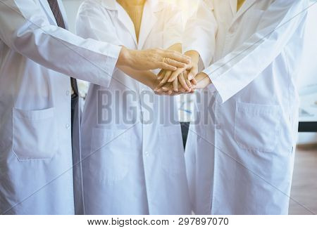 Scientists Coordinate Hands,group Of Diversity People Teamwork In Laboratory,successful And Reserch 