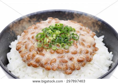 Japanes Food, Cooked White Rice With Natto On White Background