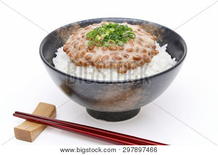 Japanes Food, Cooked White Rice With Natto On White Background