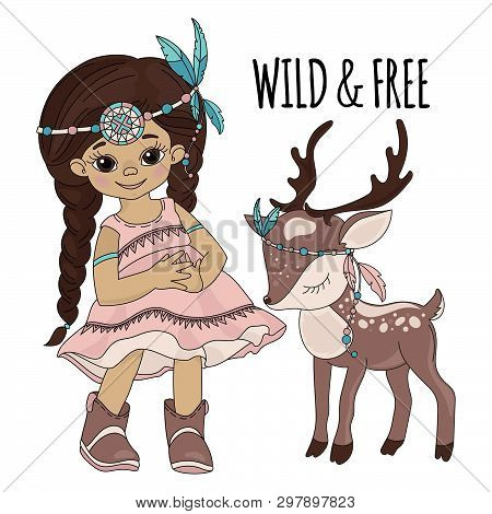 Wild Freedom Pocahontas Indian Princess American Native Red Skinned Deer Animal Vector Illustration 