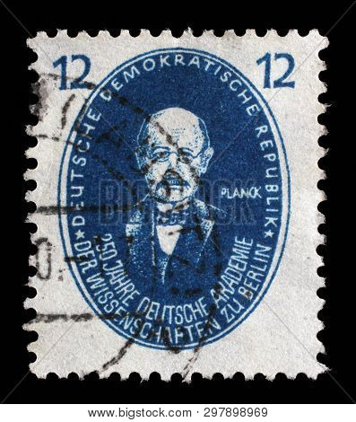 ZAGREB, CROATIA - SEPTEMBER 05, 2014: A stamp issued in Germany - Democratic Republic (DDR) shows Max Planck, 250 Years Berlin Academy Of Science, circa 1950.