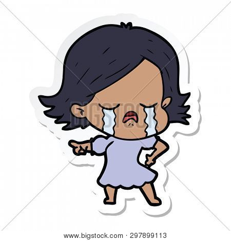 sticker of a cartoon girl crying and pointing
