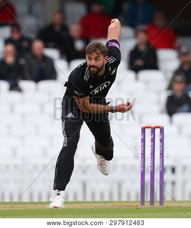 LONDON, ENGLAND. 25 APRIL 2019: Liam Plunkett of Surrey bowling  during the Surrey v Middlesex, Royal London One Day Cup match at The Kia Oval. 