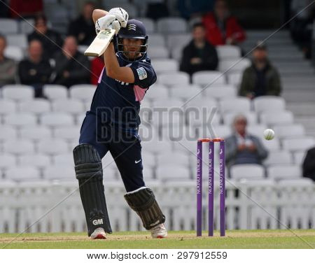 LONDON, ENGLAND. 25 APRIL 2019: Dawid Malan of Middlesex plays a shot  during the Surrey v Middlesex, Royal London One Day Cup match at The Kia Oval. 