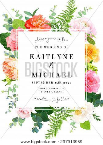 Floral Vector Design Square Vertical Frame.pink And Yellow Rose, Ranunculus, Juliet Garden Rose, Cor