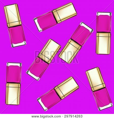 Vector Realistic Illustration Of Nail Polish Bottles. Pattern Of Colored Nail Polishes.