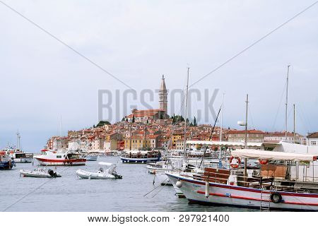 Rovinj, Croatia - July 26, 2014: Panoramic View On Old Town Rovinj From Harbor. Istria Peninsula, Cr