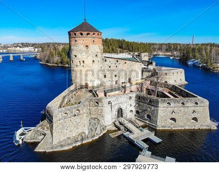 Beautiful Aerial View Of Olavinlinna, Olofsborg Ancient Fortress, The 15th-century Medieval Three - 