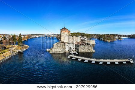 Beautiful Aerial View Of Olavinlinna, Olofsborg Ancient Fortress, The 15th-century Medieval Three - 