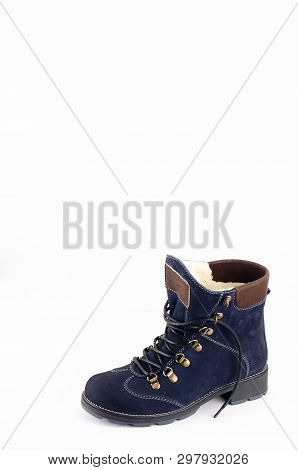 Beige Woman Long Boot Shoe Isolated On White Background. Fashionable Boots For Women May Exhibit All