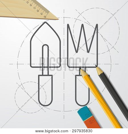 Rake And Spade Toolset Illustration. Garden Tools Vector Icon