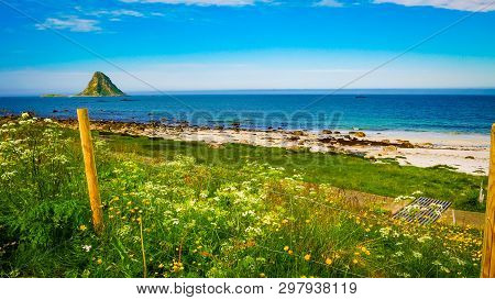 Seascape, Sea Coast With Sandy Beach And Island Bleiksoya In The Distance, Resort Bleik Andoya Norwa