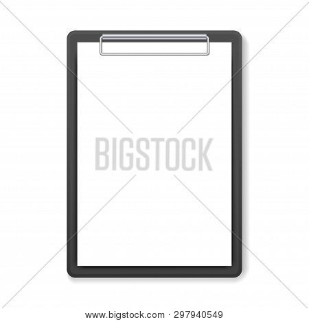 Black Clipboard With White Sheet On White Background. Template Design Blank Mock Up. Concept For Edu