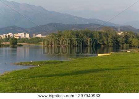 Scenic Valley Landscape With Shkodra City Background. Albania, Europe