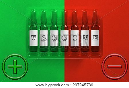 Vaccine Using Concept. Seven Ampules With Overlay Letters Of Inscription V A C C I N E On Green And 