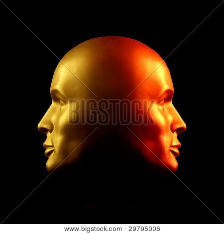 รูปปั้นหัว two-faced แดง และทอง