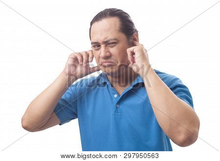 Portrait Of Young Asian Man Closing His Eyeas And Ears Dont Want Or Avoiding To Hear Bad News, Stres