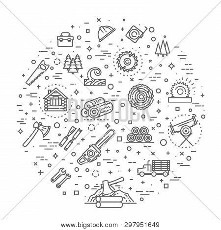 Logging, Sawmill Line Icons. Instruments For Working With Wood