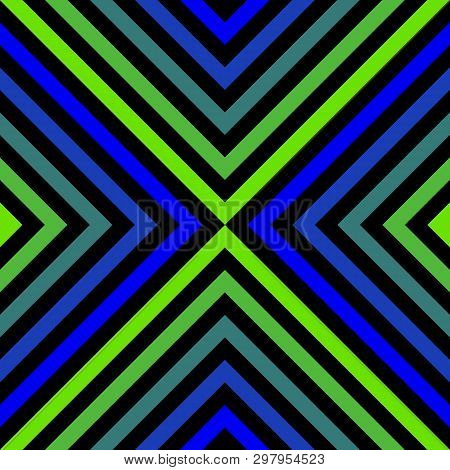 Vector Geometric Seamless Pattern With Green And Blue Neon Rhombuses, Lines