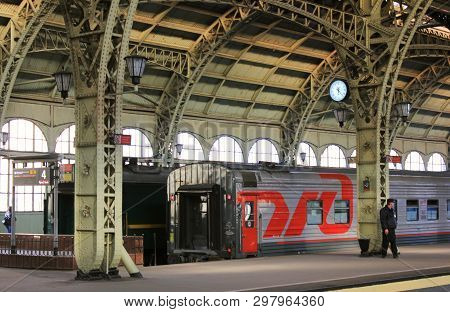Vitebsky Railway Station Interior With Old Rzd Russian Railways Train Waiting For Passengers On Plat