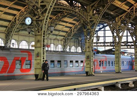 Old Rzd Russian Railways Train On Platform At Vitebsky Railway Station In St. Petersburg, Russia On 