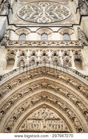 Close Up On The Detail Of The Top Of The Architectural Entrance Of Saint Andre In Bordeaux