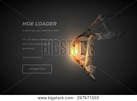 Bucket From Backhoe Loader. Low Poly Wireframe Art On Dark Background. The Concept Of Construction M