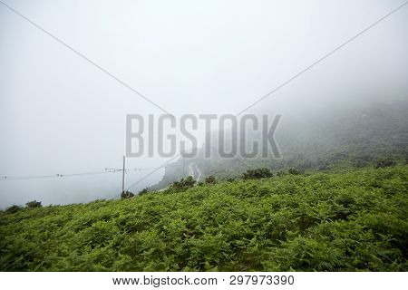 Rack Railway In The Cloud Veil. La Rhune, Basque Mountain, France